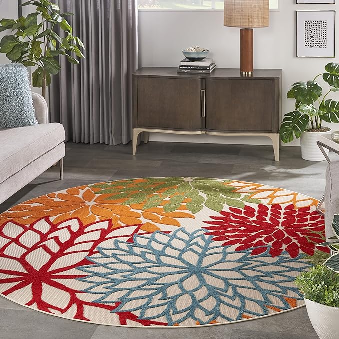 Nourison Home Aloha Green 7'10" x Round Area Rug - Easy Clean, Non Shedding, Bed Room, Living Room, Dining Room, Kitchen (8' x Round)