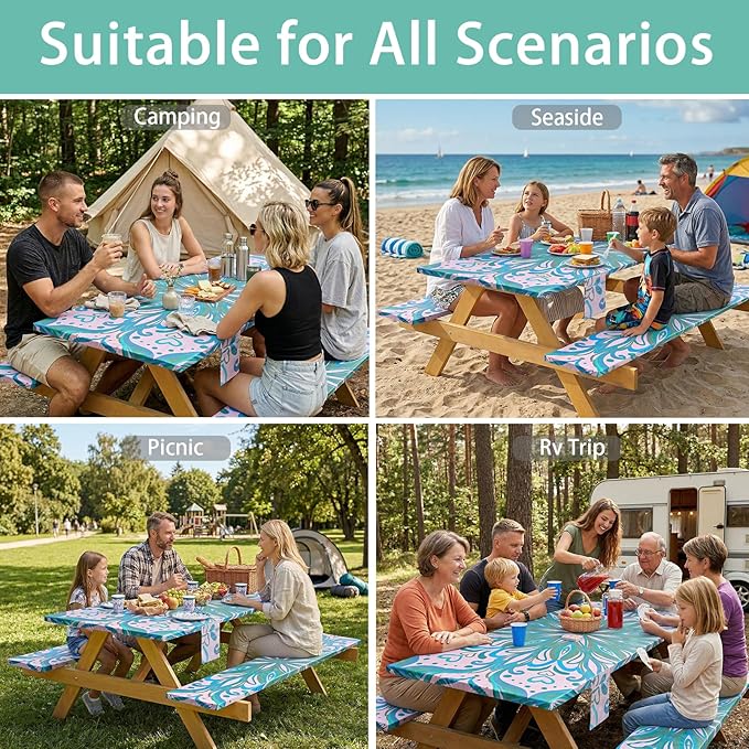 Fitted Waterproof Picnic Table Cover with Bench Covers Elastic Polyester 72in Camping Tablecloths for 6Foot Rectangle Tables Summer Fall Glamping Roadtrip Stuff Festival Vacation Items Gift