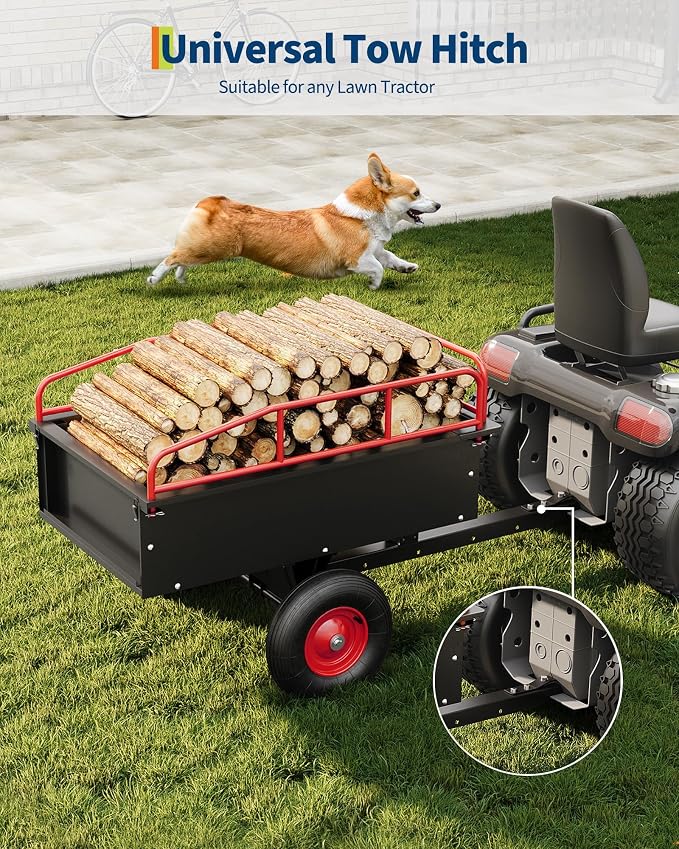 750 LBS Heavy‑Duty Dump Cart, 13.5 Cu.ft Steel Lawn Mower Trailer & Garden Trailer, Quick‑Release Dumping ATV Dump Trailer & Garden Utility Cart for Yard Work, Landscaping, Farm & Lawn Mower Towing