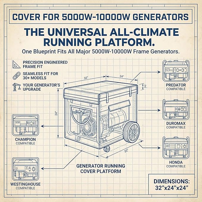 Generator Covers While Running, Universal Generator Cover, 600+210D Double Layer Production, Heavy Duty and Waterproof, for 5000W-10000W Frame Type Generators, Blue, with Storage Bag