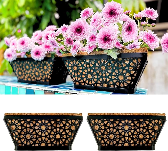 LaLaGreen Window Planter Boxes for Outdoor Plants (12 Inch, 2 Pack,) Small and Cute Black Metal Fence Hanging Planters Flower Basket Pot with Coco Liner Trendy Horse Troughs Balcony Patio Porch Rail