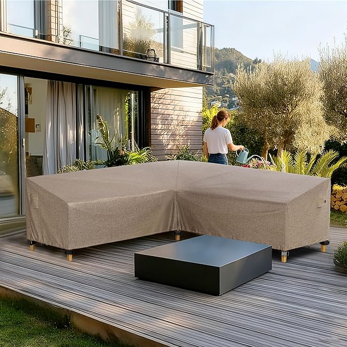 iBirdie Outdoor Sectional Cover fit 95 x 95 inch, 94 x 93, 93 x 92 L-Shaped Patio Sofa Waterproof Weatherproof 600D Heavy Duty Garden Furniture Cover for Outside L Shape Couch, Brown