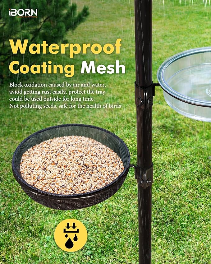 iBorn Bird Feeders Station Mesh Tray and Ring for 1” Pole Stand Station Outdoor Accessory for Humming Bird Feeders for Outside,Fit for 1 Inch Pole, Pack of 1 (Mesh & Water Tray, Pack of 2)