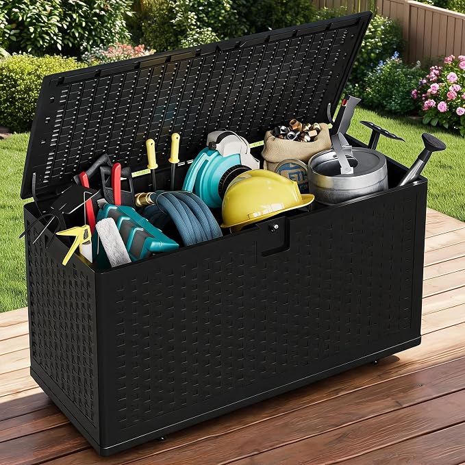 73 Gallon Outdoor Deck Box, Lockable Waterproof Outdoor Resin Box with Lid, Patio Storage Bin for Patio Furniture, Garden Tools, Pool Accessories - Brown