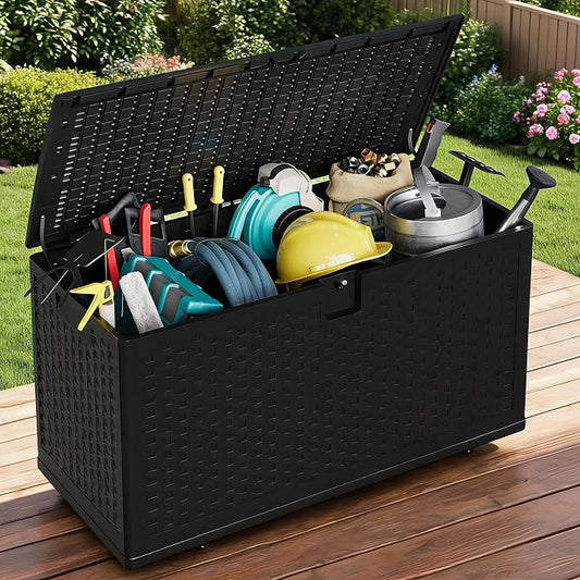 73 Gallon Outdoor Deck Box, Lockable Waterproof Outdoor Resin Box with Lid, Patio Storage Bin for Patio Furniture, Garden Tools, Pool Accessories - Brown