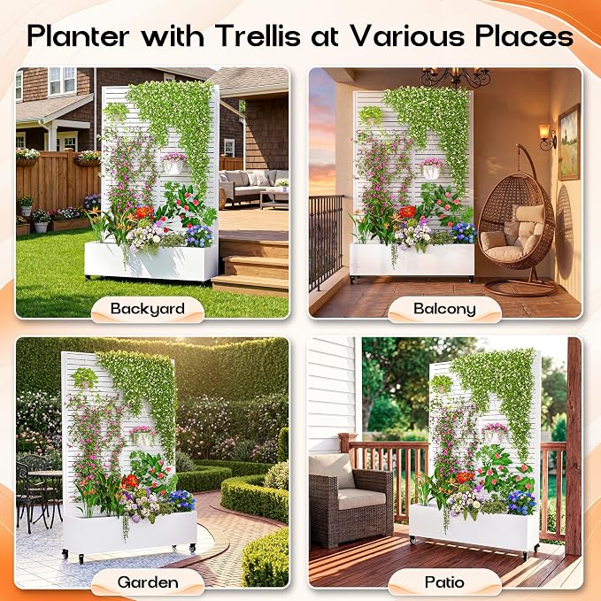 MTART Metal Planter Box with Trellis, 72.1"x47.2"x16" Outdoor Galvanized Raised Garden Bed with Privacy Screen & Drainage Holes & Lockable Casters for Climbing Plants, Vegetable (White-Louvered)