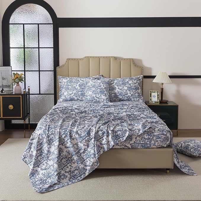 FADFAY Blue Toile Sheets Set Queen French Country Vintage Farmhouse Bedding Exotic Scenic Chinoiserie Floral Bedding 100% Egyptian Cotton Soft Breathable Sheet Set with Deep Pocket Fitted Sheet 4Pcs