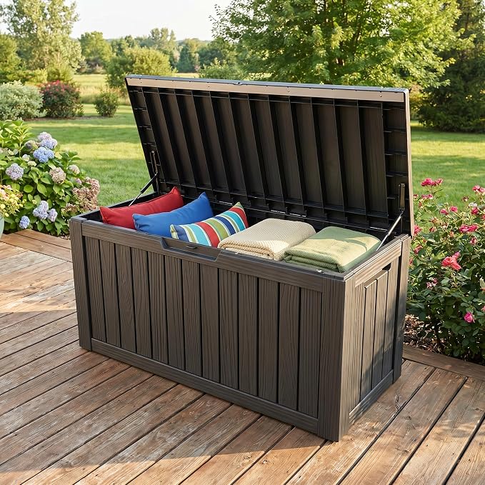 80 Gallon Deck Box, Waterproof Resin Outdoor Storage Box Lockable for Patio Furniture, Fade Resistant Patio Side Table & Organizer for Garden Tools, Pool Floats, Outdoor Cushions, Black