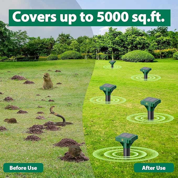8 Pack Mole Repellent Solar Powered, Gopher Repellent Ultrasonic for Lawns, IP65 Waterproof Mole Deterrent for Yard, Outdoor Pest Control for Groundhog, Vole, Armadillo, Chipmunk, Snake