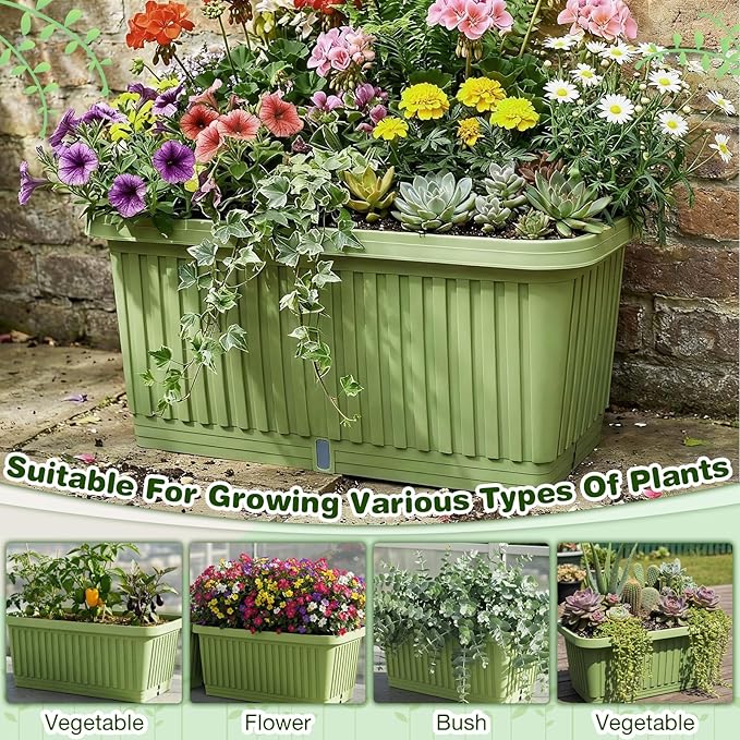 3 Pcs Large Planter Boxes Deep Rectangular Planter Boxes Outdoor Lightweight Plastic Planting Flower Pot with Drainage Holes Plant Pot for Patio, Courtyard, Lawn, Outdoor(Green,20 Inches)
