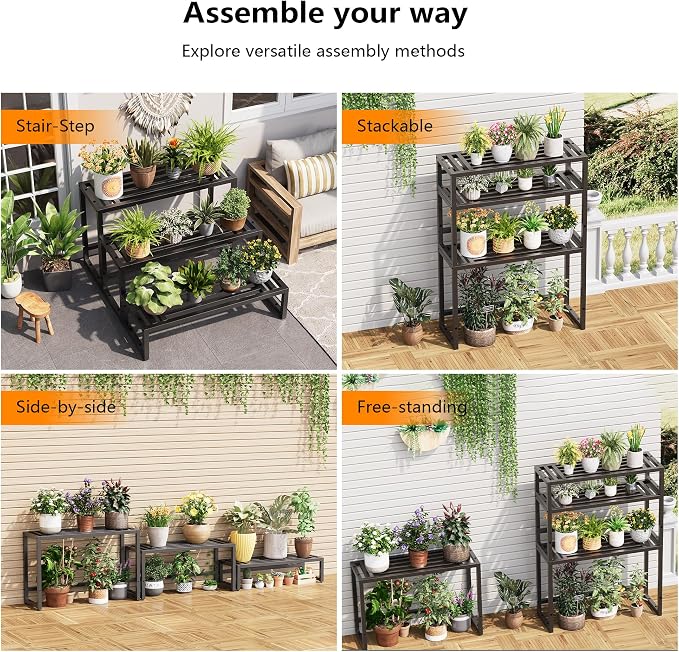 Plant Stand Indoor Outdoor,3 Tier Ladder Metal Plant Stands Riser,Heavy Duty Wrought Iron Plant Shelves for Multi Large Pots,Black Tiered Flower Display Holder for Living Room,Patio,1-Pack