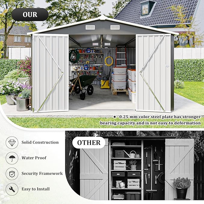 YOPTO 10x14 FT Outdoor Storage Shed, Extra Large Metal Garden Shed with Waterproof Roof, 4 Vents and 3 Lockable Doors,All-Weather Tool Shed Storage House for Backyard, Patio, Lawn,Dark Grey