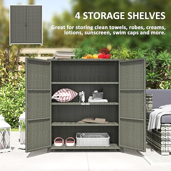 Outsunny Wicker Outdoor Storage Cabinet with Shelves, 4-Shelf Outdoor Pool Towel Cabinet with Two Doors, Rattan Patio Storage Shelves for Garden, Backyard, Porch, Dark Gray