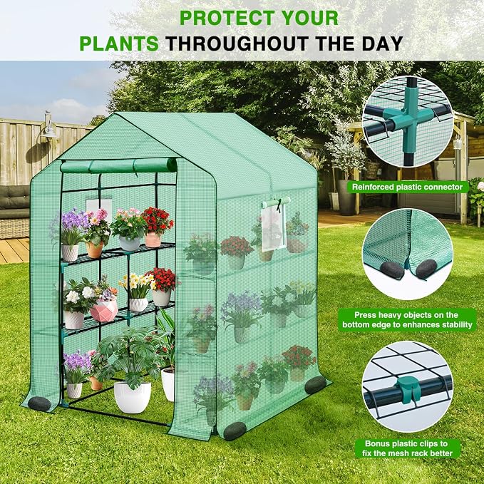 Yesker Greenhouse 57.5"x57"x77" Walk in Green House - Large Outdoor/Indoor Greenhouses with 8 Shelves Waterproof PE Cover & Windows, Portable Greenhouse Kit for Winter Backyard Gardening Patio, Green