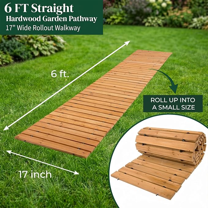 Plow & Hearth 6' Straight Outdoor Wooden Pathway | 17" Wide Rollout Outdoor Garden Walkway | Weather-Resistant Hardwood Cedar Board Walkway Landscape Edging | Decorative Lawn Patio Wedding Party