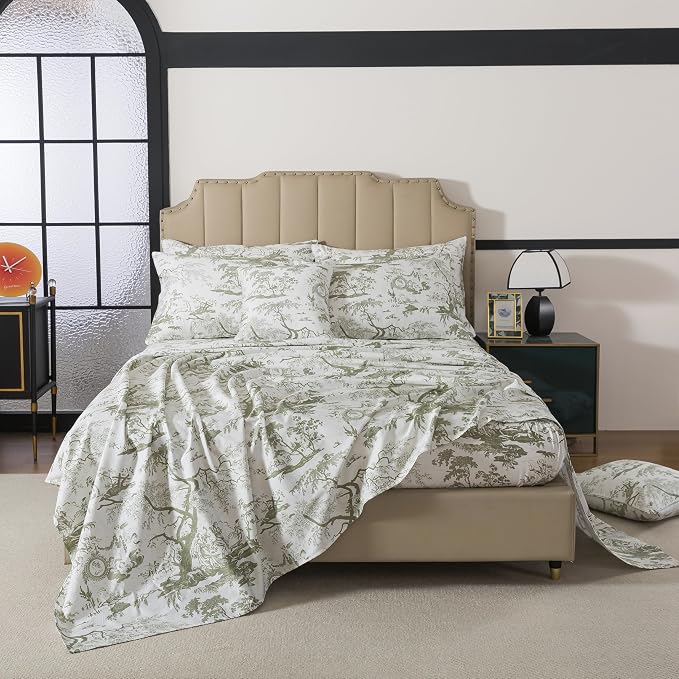 FADFAY Toile Sheets Set Queen Sage Green Toile de Jouy Bedding Pastoral Print French Country Bedding 100% Egyptian Cotton Farmhouse Sheets Breathable Soft 4Pcs Deep Pocket Sheet Set for All Seasons