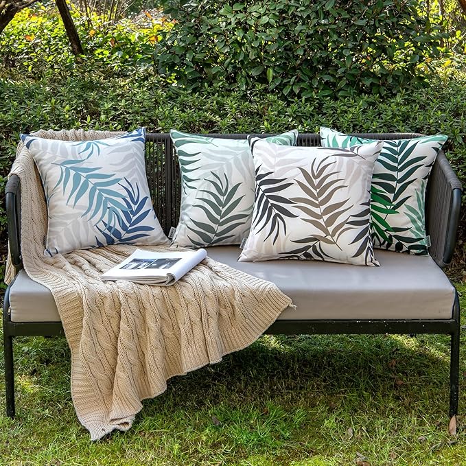 MIULEE Pack of 2 Decorative Outdoor Waterproof Throw Pillow Covers Patio Pillow Cases Natural Leaves Pattern Spring Square Cushion Shams Shell for Garden Balcony Couch 16x16 Inch, Blue