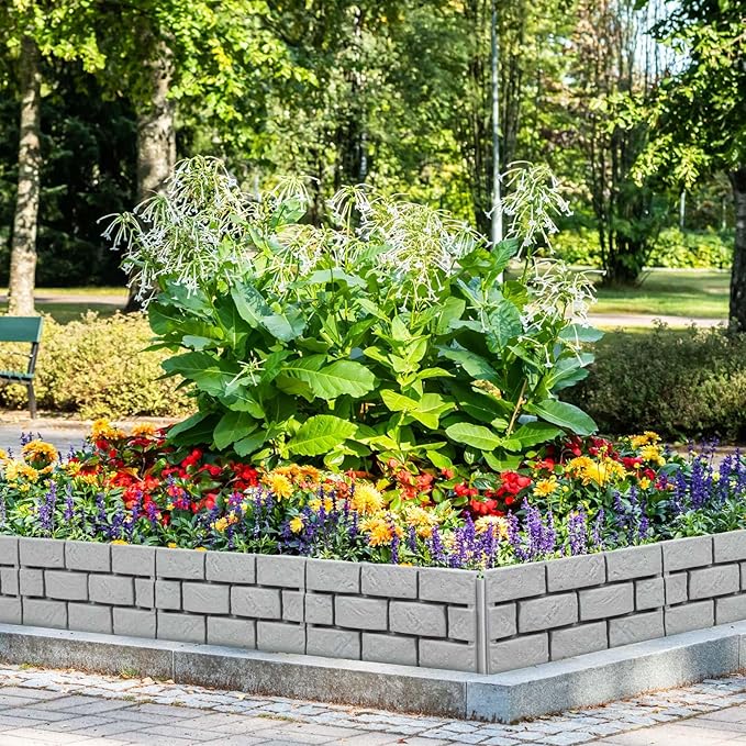 Landical 12 Pcs Imitation Stone Garden Fence, Faux Stone Retaining Wall Look Garden Bricks Border with Ground Stakes, 17.3 x 12.6 in Gray Plastic Edging Blocks for Flower Beds, Lawn, Mulch (Gray)