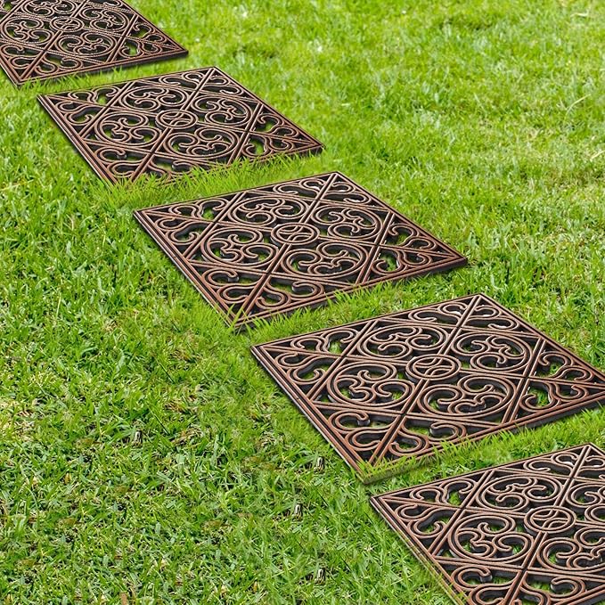 Pangda 8 Pcs Rubber Stepping Stones Outdoor Garden Walkway, 12 x 12 Inch Heavy Duty Pathway Pavers Retro Decorative Stepping Stones for Outside Landscaping Yard Lawn Path (Cross Square,Copper)