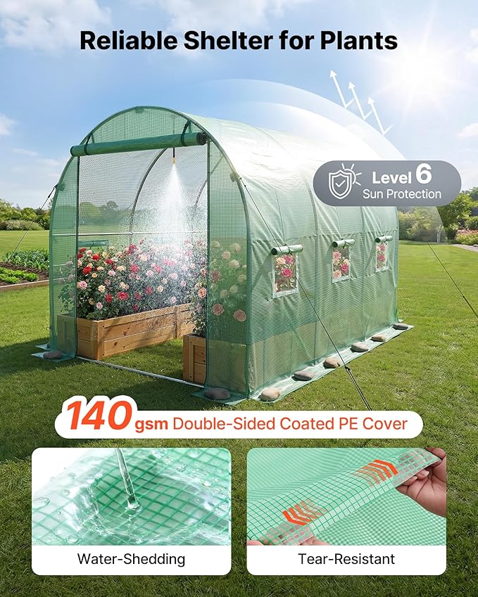 VEVOR Walk-in Tunnel Greenhouse, 10 x 7 x 7 ft Hoop House Greenhouse Tunnel with Watering System, Plant Hot House with Steel Frame, PE Cover, Roll-Up Zipper Door and 6 Windows for Outdoors, Green