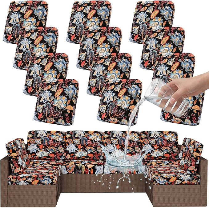 Smiry Waterproof Patio Cushion Covers, Stretch Outdoor Couch Slipcovers Replacement Washable Furniture Protector Sofa Chair Seat Cover for Dogs and Pets (12 Pcs, Black and Orange)