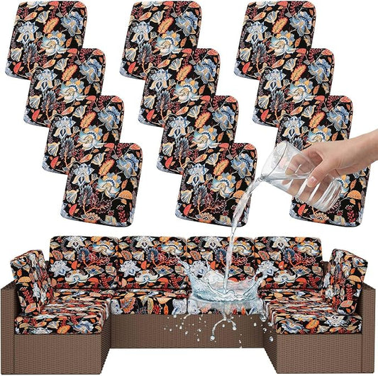 Smiry Waterproof Patio Cushion Covers, Stretch Outdoor Couch Slipcovers Replacement Washable Furniture Protector Sofa Chair Seat Cover for Dogs and Pets (12 Pcs, Black and Orange)