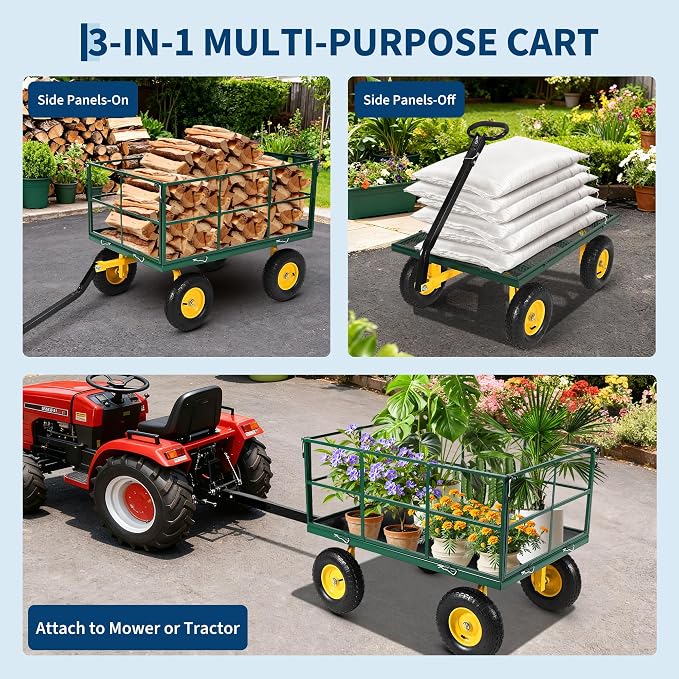 Heavy Duty 1500 Lbs Steel Garden Cart – 3-in-1 Utility Wagon & Trailer with Removable Mesh Sides, 13" All-Terrain Tires, 180° Rotating Handle for Lawn, Yard, Gardening Tasks, Outdoor Hauling