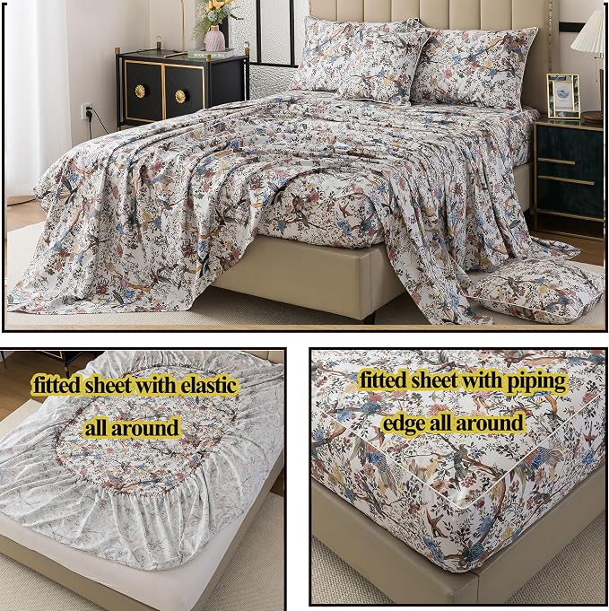 FADFAY Sheets Set Twin Botanical Bird Floral Bed Sheets Set Vintage Mocha Mousse Farmhouse Bedding Shabby Branches Bedding 100% Egyptian Cotton Breathable Soft 17.7" Deep Pocket 4Pcs, Twin Size
