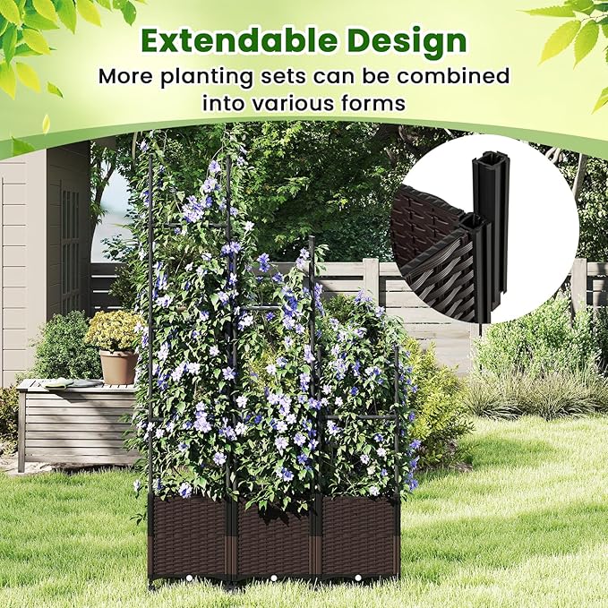 HAPPYGRILL 87" Raised Garden Bed w/Trellis, Self-Watering Planter Box w/ 3 Adjustable Heights, Lockable Wheels for Climbing Plants Flowers Vine, Indoor Outdoor Vertical Tomato Cage for Garden (2)