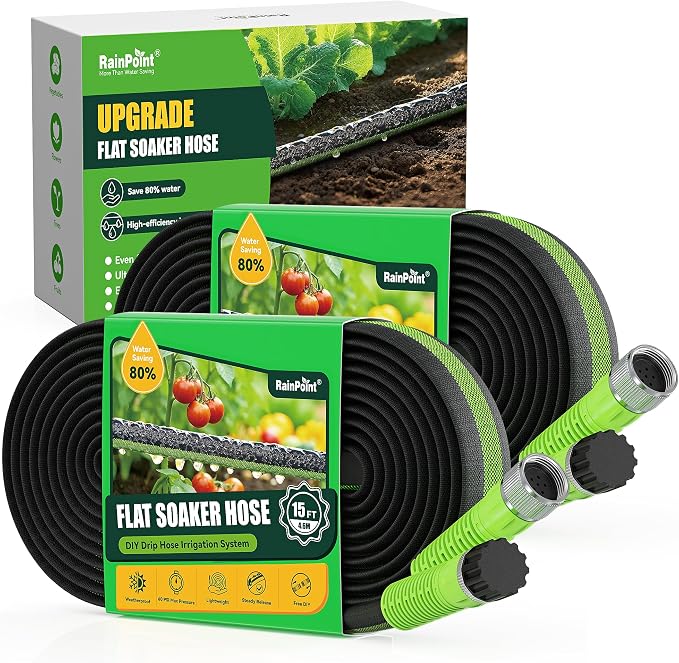 RAINPOINT Flat Soaker Hose 30FT for Garden, Drip Hose for Garden with Anodized Aircraft Aluminum Ends, Flexible & Lightweight Soaking Hose, Save 80% Water, Green(15FT X 2Pack)