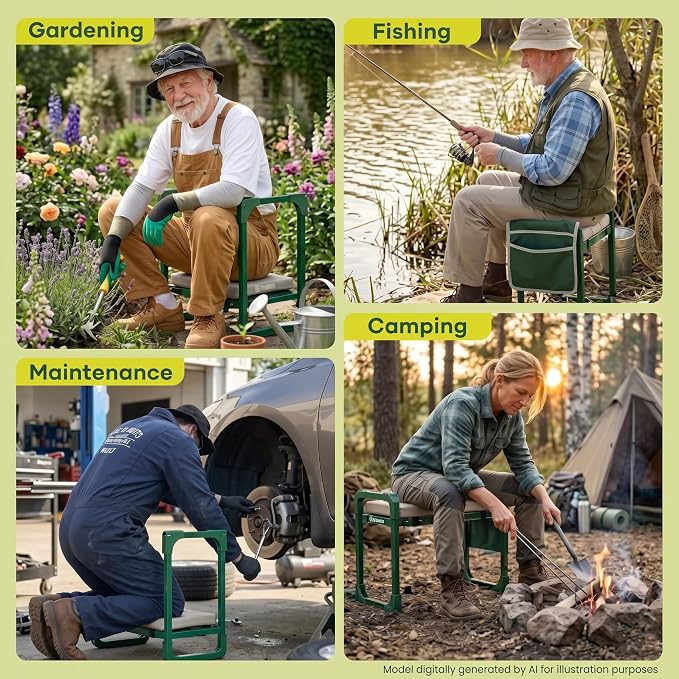 Saker Garden Kneeler and Seat Foldable Gardening Stool with Extendable Legs & Thickened Pad, Tool, Heavy Duty 400lbs Support for Elderly, Gardening, Outdoor Use