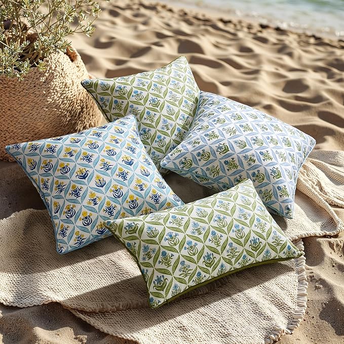 ANRODUO Floral Outdoor Pillow Covers 16x16 Waterproof Set of 2 Block Print Accent Decorative Cushion Cases with Refined Edge Piping for Spring Patio Porch Garden Couch Sofa Bench Decor Green