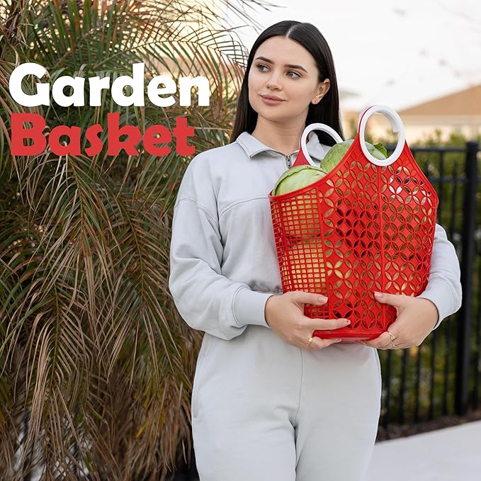 Fox Run Red Garden Harvest Basket with Built-In Handles, 6" x 14" x 18" Plastic Cleaning Caddy and Laundry Tote