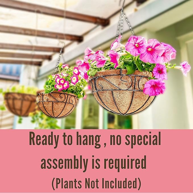 LaLaGreen Bundle- 2 Pack, 12 Inch Hanging Basket with Coco Liner + 10 Pack,24 Inch Decorative Garden Fence Black Metal Wire Landscape Edging Balcony Patio Porch Flower Plant Pot Farmhouse Style Garden