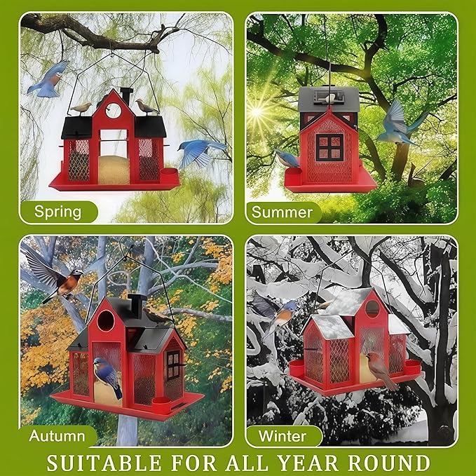 Solar Bird Feeders House for Outside Hanging, Metal Wild Bird Feeder for Outdoors Large Capacity Cardinal Birdfeeder Birdhouses Metal Bird Feeding Station Red