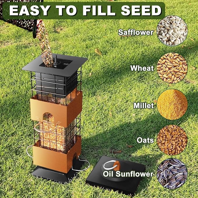 Squirrel Proof Bird Feeder for Outside, 3Lbs Metal Anti-Squirrel Bird Feeders for Outdoors, Weight-Activated Perches Hanging Wild Birdfeeder for Blue Jay, Cardinal (Brown)