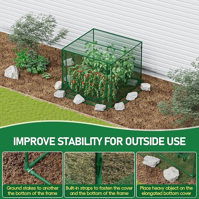 SPECILITE 49x49x39in Garden Plant Netting Mesh Cover for Raised Bed with Roll-up Zipper Door for Vegetables Fruits, Large Tunnel Gardening Net, Green