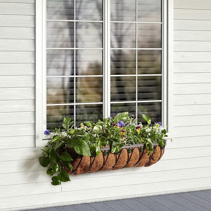 Arcadia Garden Products Hanging Window Basket Metal Trough Flower Planter with Coco Liner for Outdoor Windowsill, Railing, Patio, Garden, Balcony, Fence, 36-inch