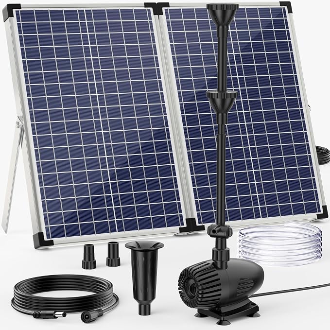 POPOSOAP 70W Solar Pond Pump,Solar Fountain Pump 580GPH Adjustable Flow, Outdoor Solar Water Pump with 17Ft+10Ft Cord & 6.6Ft PVC Tubing for Ponds, Fountain Waterfall-P170H