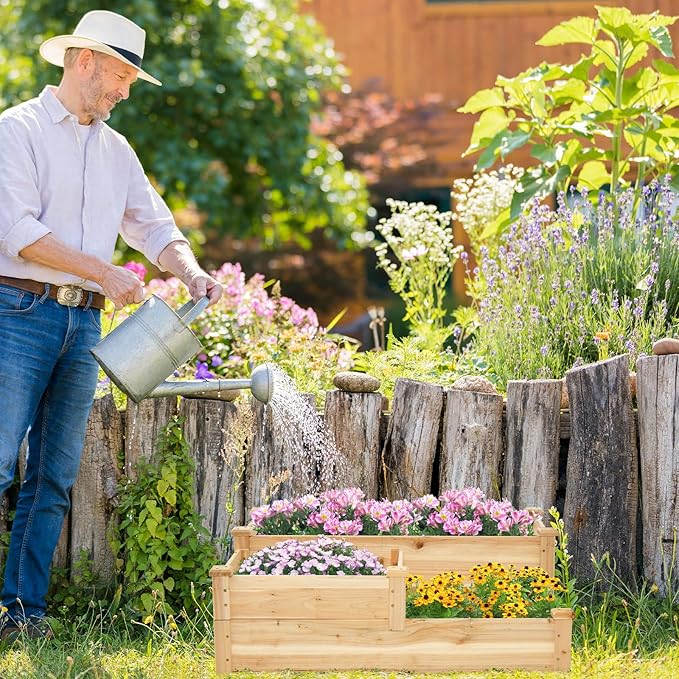 HAPPYGRILL 3-Tier Raised Garden Bed, Wood Elevated Flower Box with Open-Ended Base & Plug-in Connector, Outdoor Planter Raised Beds for Vegetables, Herbs & Fruits
