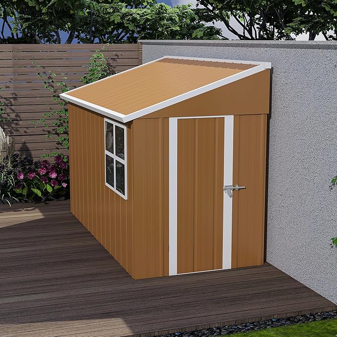 YOPTO 8x4 FT Outdoor Storage Shed,Metal Garden Lean to Shed W/Double Lockable Doors,Windows & 4 Air Vents,Weatherproof Shelter W/Sloped Roof,for Backyard,Lawn,Tool Organization,Brown