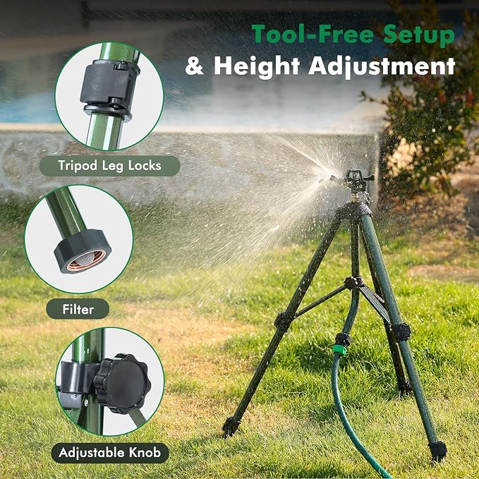 RESTMO Tripod Base Zinc Impact Sprinkler, 360° Rotating & 3-Height Adjustable Tripod, Heavy Duty Full Metal Sprinkler for Agriculture and Large Yard Irrigation