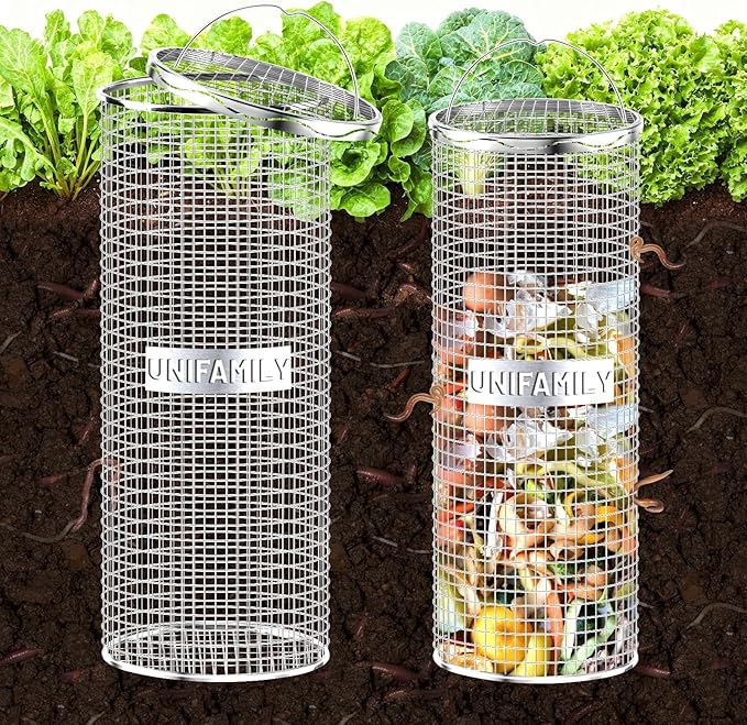 UNIFAMILY 2pack Inground Worm Composting Bin, Stainless Steel Outdoor Compost Bin with Handle, Worm Composter, Worms Bins for Composting Recycling Kitchen Food Waste (Compost Bin with Handle)