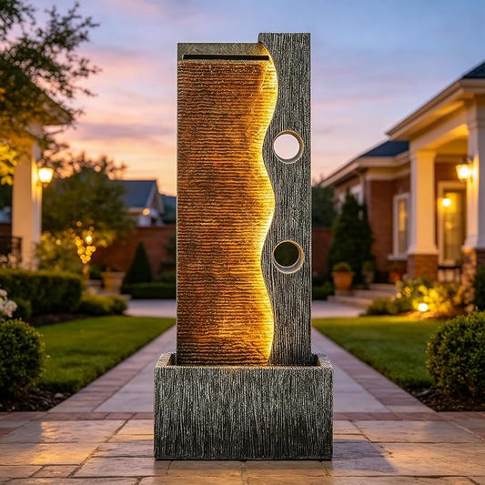 AUTODAYA 39.4" Tall Outdoor Water Fountain with LED Lights, Modern Zen Wall Resin Garden Fountain with Cascading Waterfall, Faux Slate Textures, Tranquil Water Feature for Patio, Garden, Deck or Porch