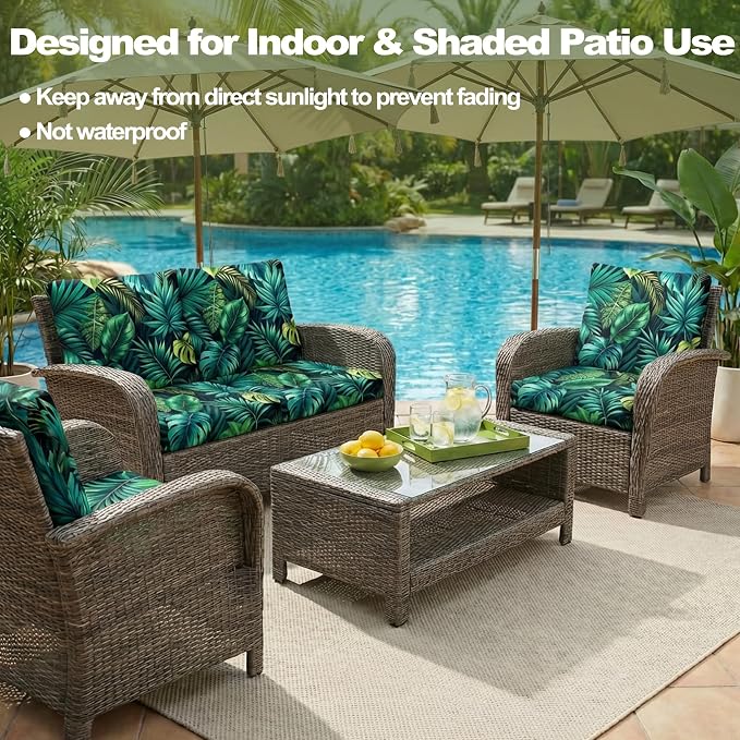 CALBODE 12 Pcs Stretch Outdoor Seat Cushion Covers, Washable Chair Seat Cover for Patio Furniture Cushions Soft Indoor and Outdoor Couch Cover Replacement (Green Tropical Leaves, Cover Only)