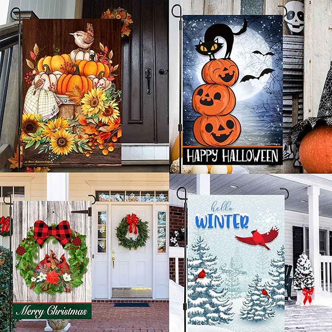 Seasonal Garden Flags Set of 10 12x18 inch Double Sided Yard Flags, Outside Small Garden Flag with Anti-Wind Clip and Stopper, Outdoor Holiday Lawn Decorative Decor