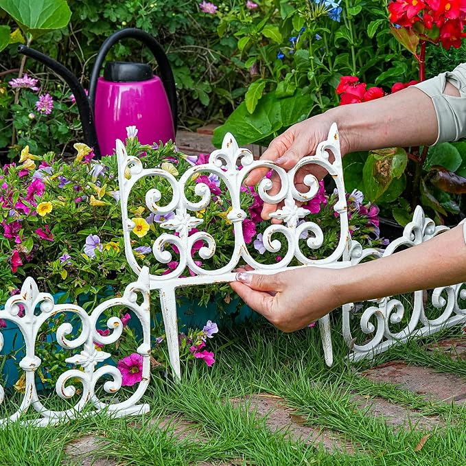 Sungmor Decorative Cast Iron Garden Edging, 4 Pack Rustic White Victorian Garden Edging Landscape Border, Vintage Metal Yard Stake Low Picket Fence, 10.6" Tall Outdoor Flower Bed Lawn Fence Panels