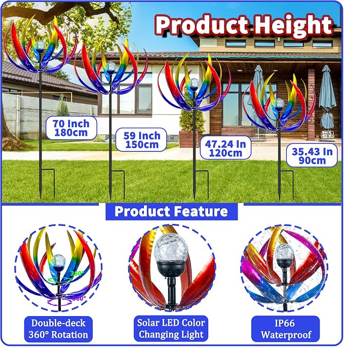 Wind Spinners Outdoor for Yard and Garden - Wind Sculptures & Spinners - 70 Inch Wind Spinner with Solar Powered Multi-Color Glass Ball Light for Yard Garden Backyard Lawn Decorations-Multicolored