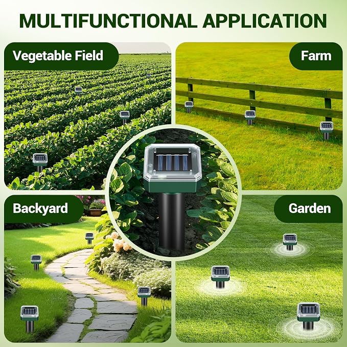 Mole Repellent for Lawns - Gopher Repeller Ultrasonic Solar Powered Vole Repellent Outdoor Waterproof Rat Deterrent Spikes Repellent Snake,Chipmunk,Groundhog,Sonic Mole Stakes for Garden,Yard
