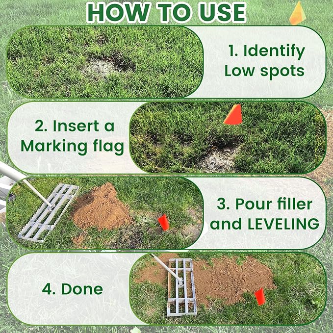 Lawn Leveling Rake, 2-in-1 Double-Sided Landscape Leveler with 20 Marking Flags for Low Spot, 48"×10” Heavy Duty Stainless Steel Flat & Serrated Side for Soil Sand Gravel, Yard Garden Golf Course